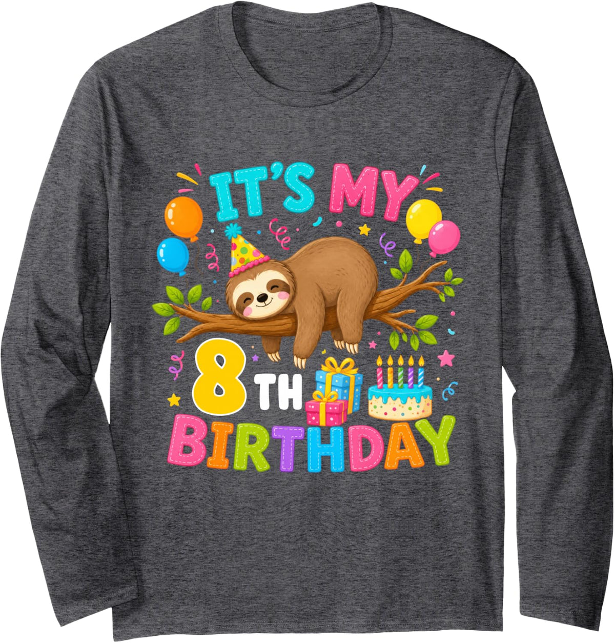 8th Birthday Animals Theme Party 8 Year Old Sloth Lover Long Sleeve T-Shirt - Adult Unisex Dark Heather Grey