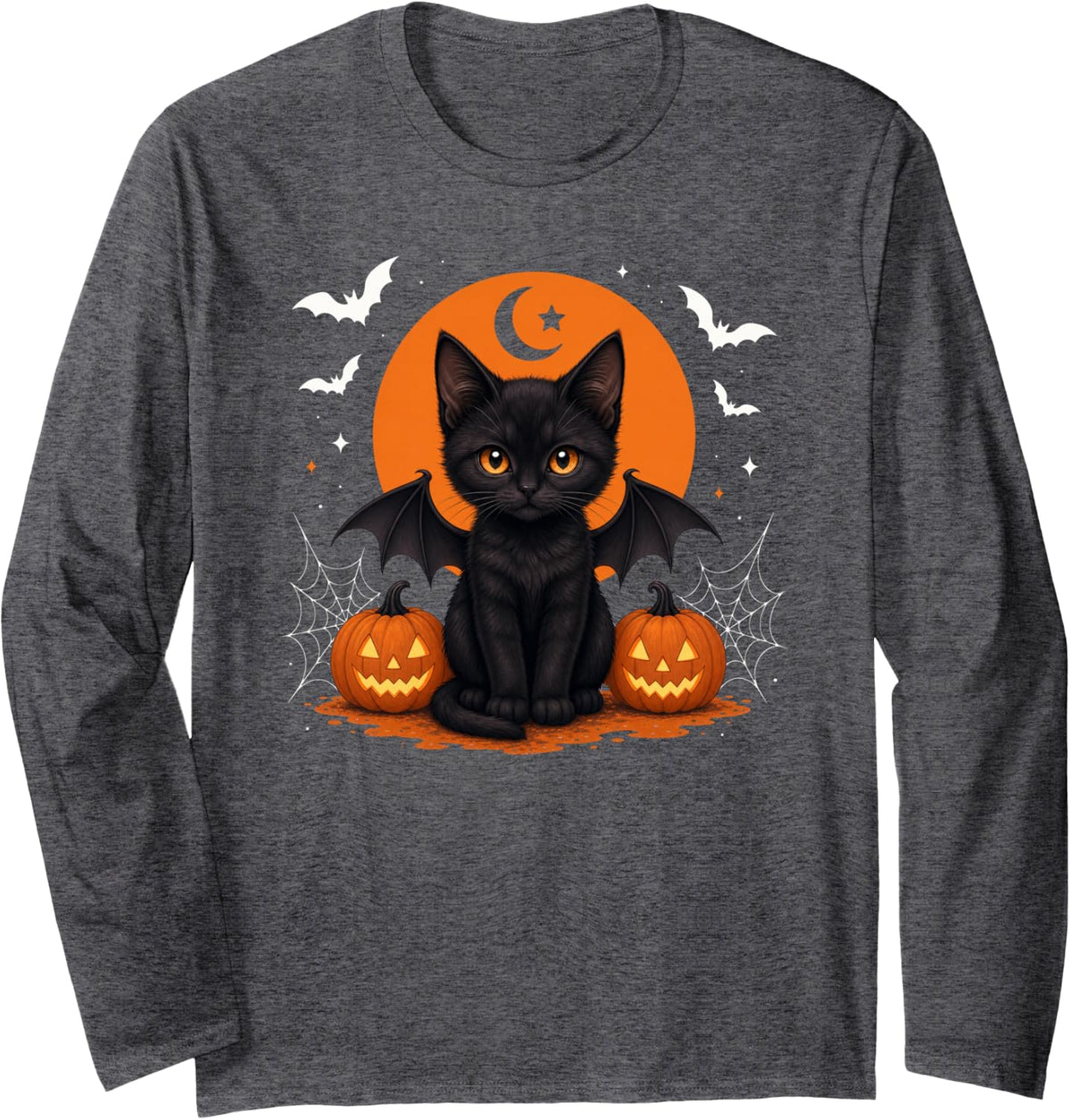 Spooky Season Black Cat Cute Halloween Jack O Lantern Kids Long Sleeve T-Shirt - Adult Unisex Dark Heather Grey
