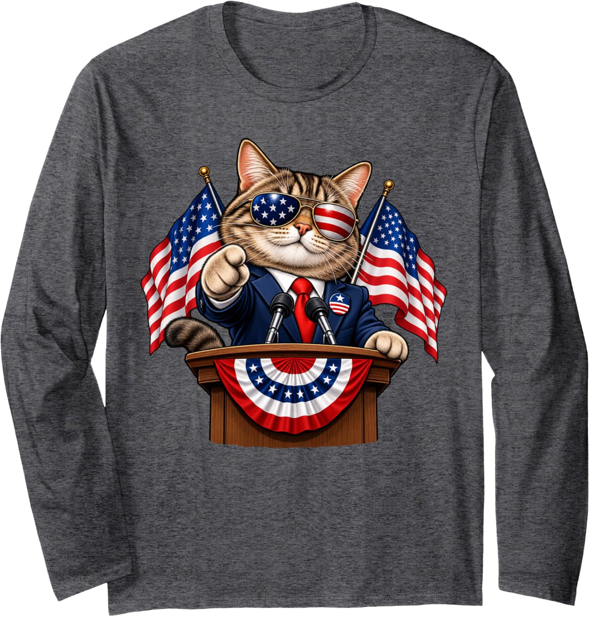 Patriotic Tabby Cat At Podium with American Flags and Tie Long Sleeve T-Shirt - Adult Unisex Dark Heather Grey