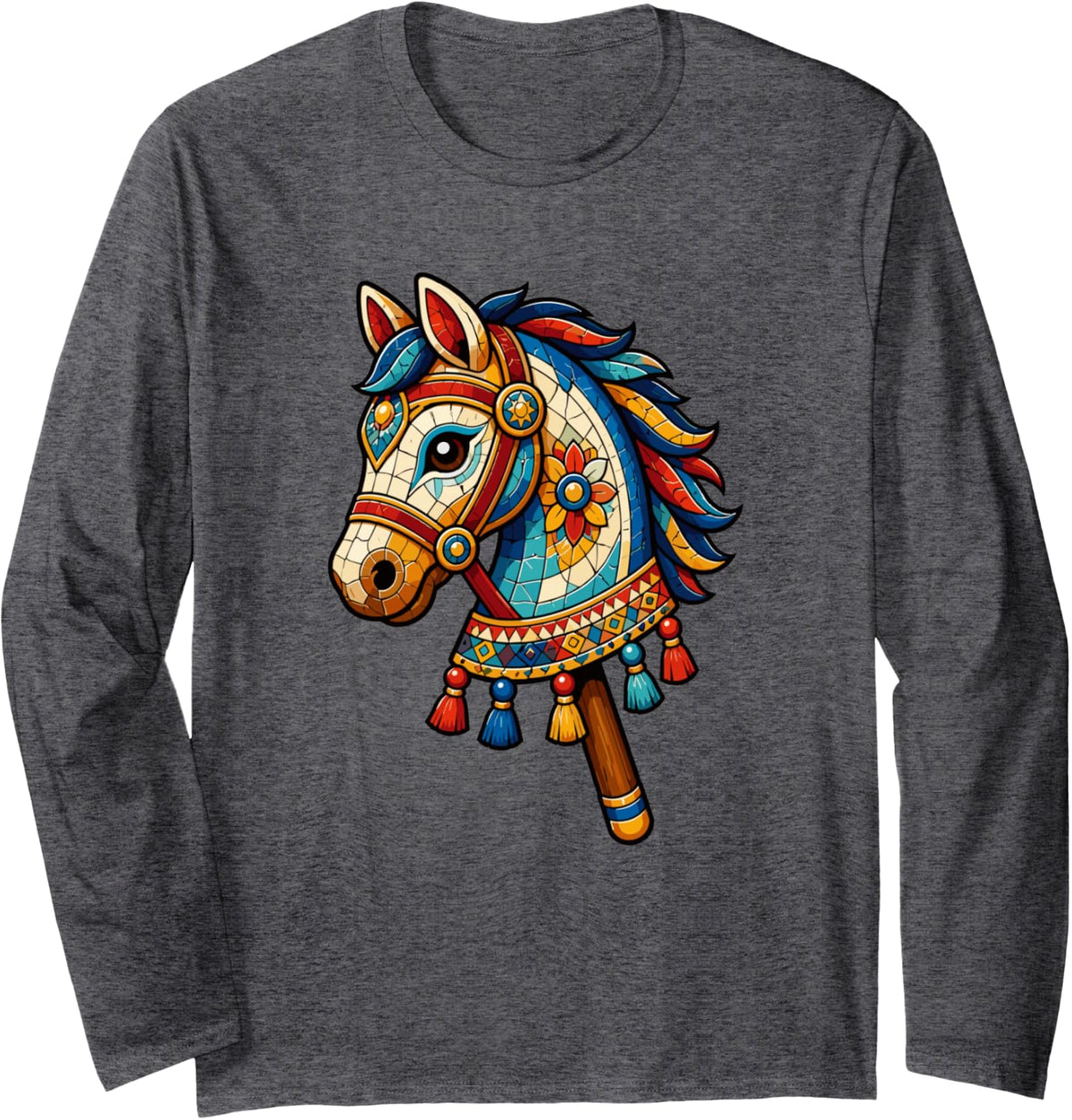 Decorated Horse Head Hobby Horse Equestrian Long Sleeve T-Shirt - Adult Unisex Dark Heather Grey