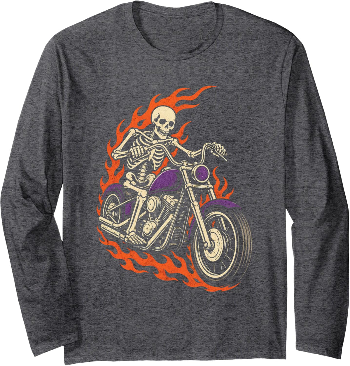 Halloween Biker Skeleton Motorcycle Chopper Flames Vintage Long Sleeve T-Shirt - Adult Unisex Dark Heather Grey