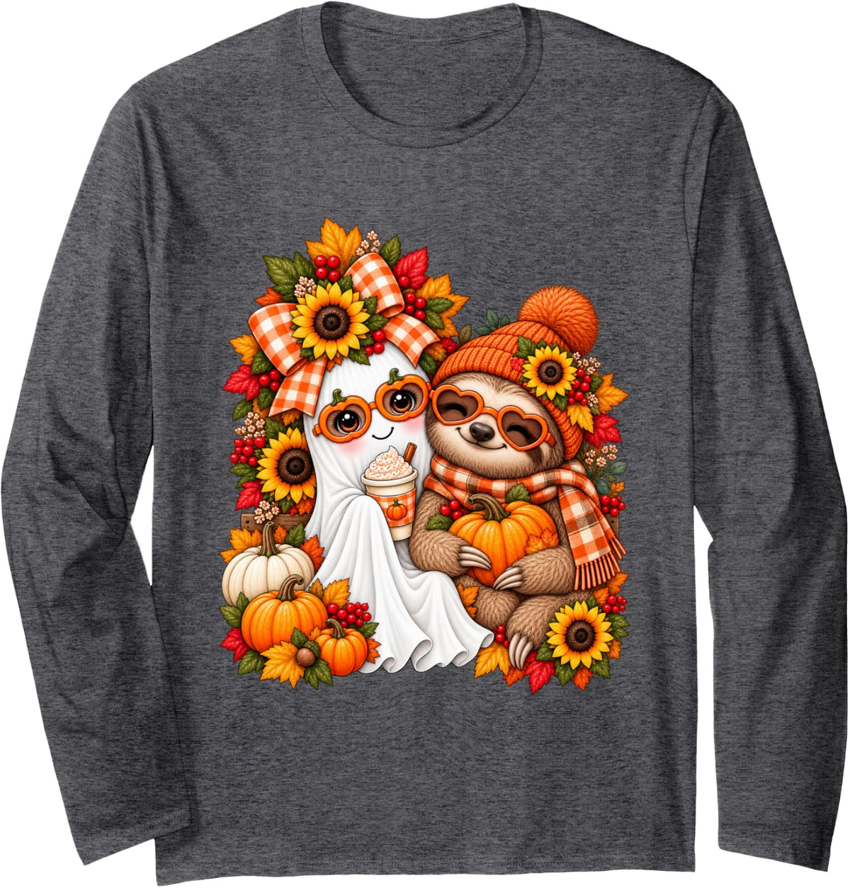 Cute Ghost Sloth Pumpkin Fall Halloween Autumn Sloth Lovers Long Sleeve T-Shirt - Adult Unisex Dark Heather Grey