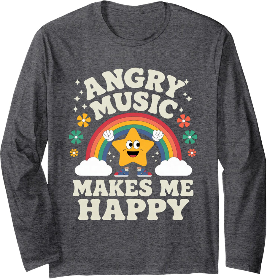 Angry Music Makes Me Happy Heavy Metal Lovers T-Shirt Long Sleeve T-Shirt - Adult Unisex Dark Heather Grey