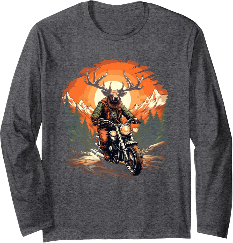 Biker Elk Riding Motorbike Long Sleeve T-Shirt - Adult Unisex Dark Heather Grey