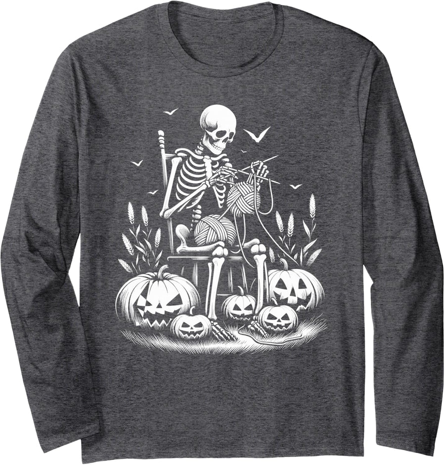 Funny Skeleton Crochet Knitting Quilting Knitter Womens Mens Long Sleeve T-Shirt - Adult Unisex Dark Heather Grey
