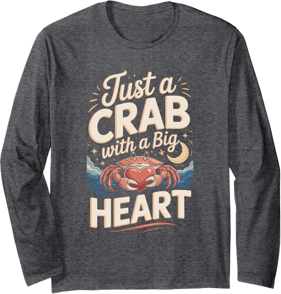 Just a Crab with a Big Heart Cancer Zodiac Astrology Star Long Sleeve T-Shirt - Adult Unisex Dark Heather Grey