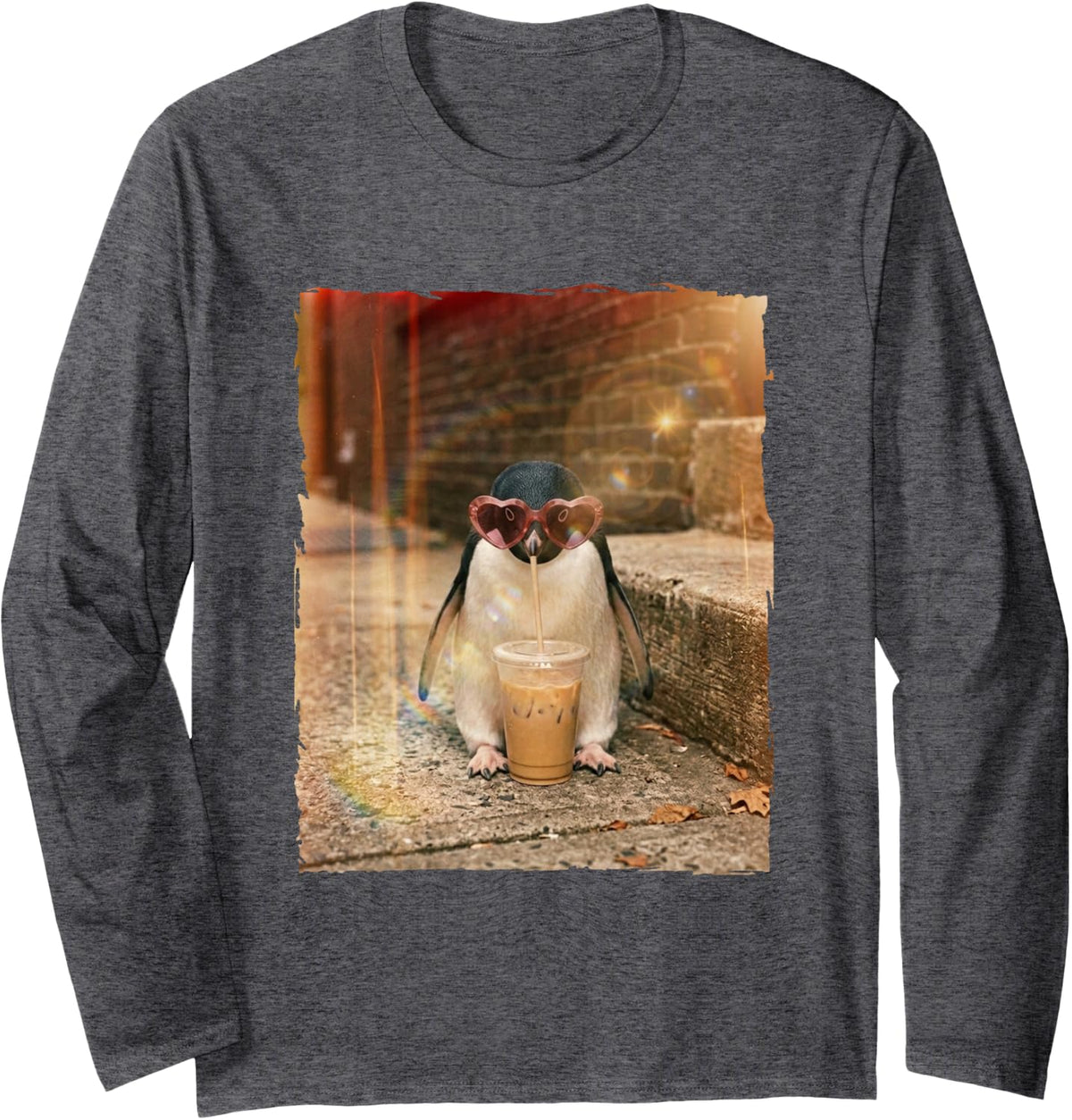 Cool Retro Bubble Tea Sunglasses Penguin Long Sleeve T-Shirt - Adult Unisex Dark Heather Grey