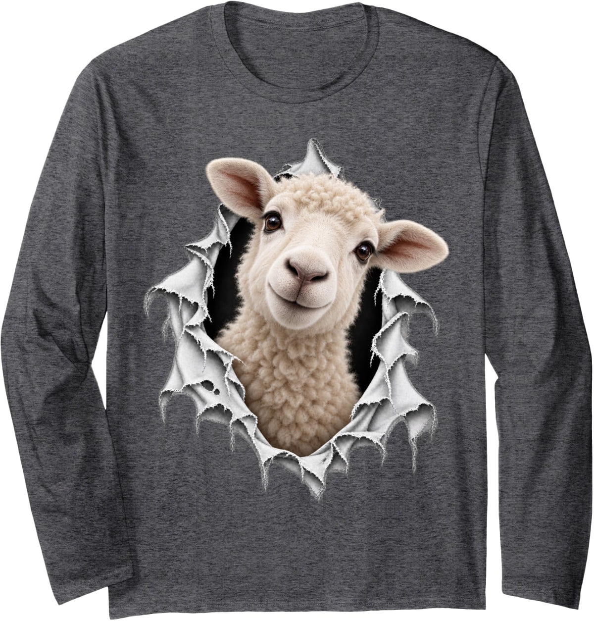 Cute Sheep Crawling Out of Ripped Design Long Sleeve T-Shirt - Adult Unisex Dark Heather Grey
