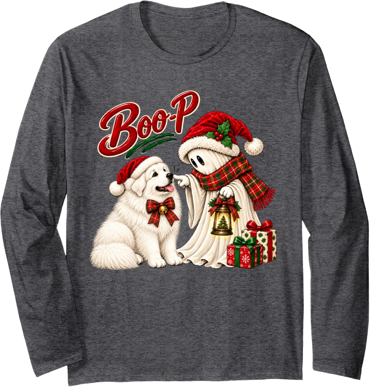 Great Pyrenees Boo Boo-p Ghost Nose Boop Christmas Dog Lover Long Sleeve T-Shirt - Adult Unisex Dark Heather Grey