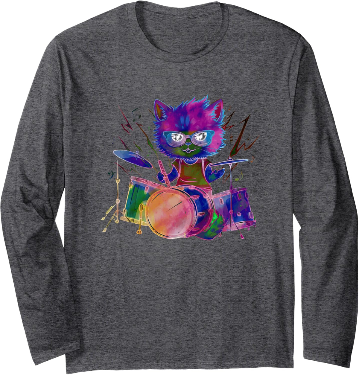 Colorful Cat Playing Drum Sunglasses Music Drummer Drumming Long Sleeve T-Shirt - Adult Unisex Dark Heather Grey
