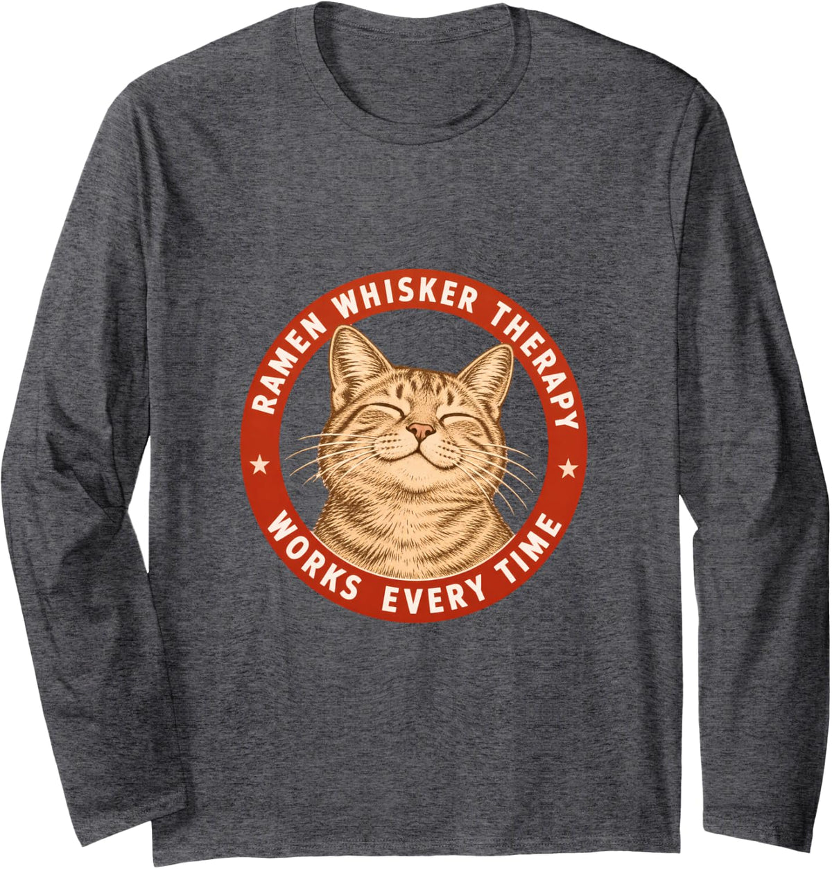 Ramen Whisker Therapy Works Every Time Zen Cat Long Sleeve T-Shirt - Adult Unisex Dark Heather Grey