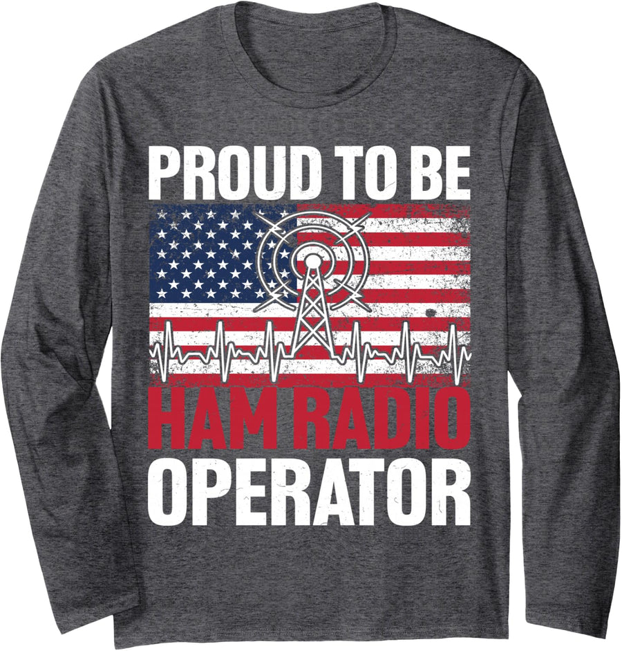 USA Flag Ham Radio Amateur Radio Operator Graphic Long Sleeve T-Shirt - Adult Unisex Dark Heather Grey