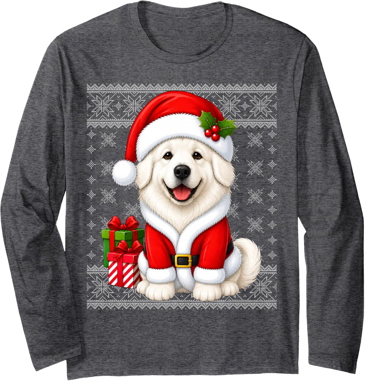 Great Pyrenees Dog in Christmas Santa Costume Ugly Xmas Long Sleeve T-Shirt - Adult Unisex Dark Heather Grey