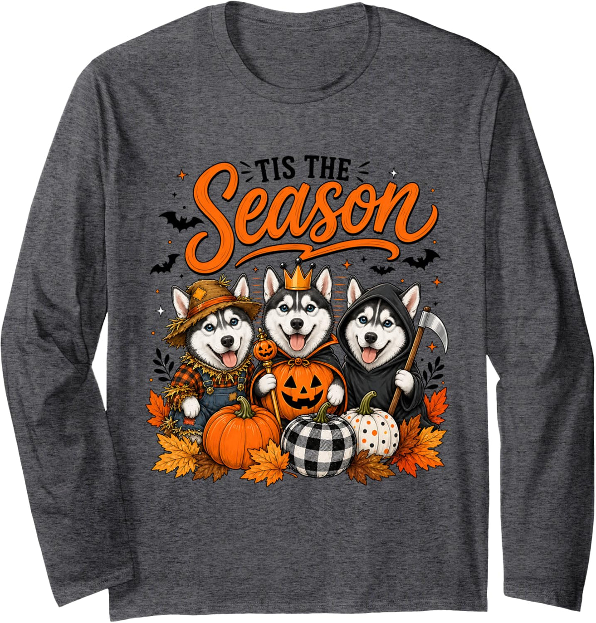 Tis The Season Halloween Siberian Husky Pumpkin Costume Long Sleeve T-Shirt - Adult Unisex Dark Heather Grey