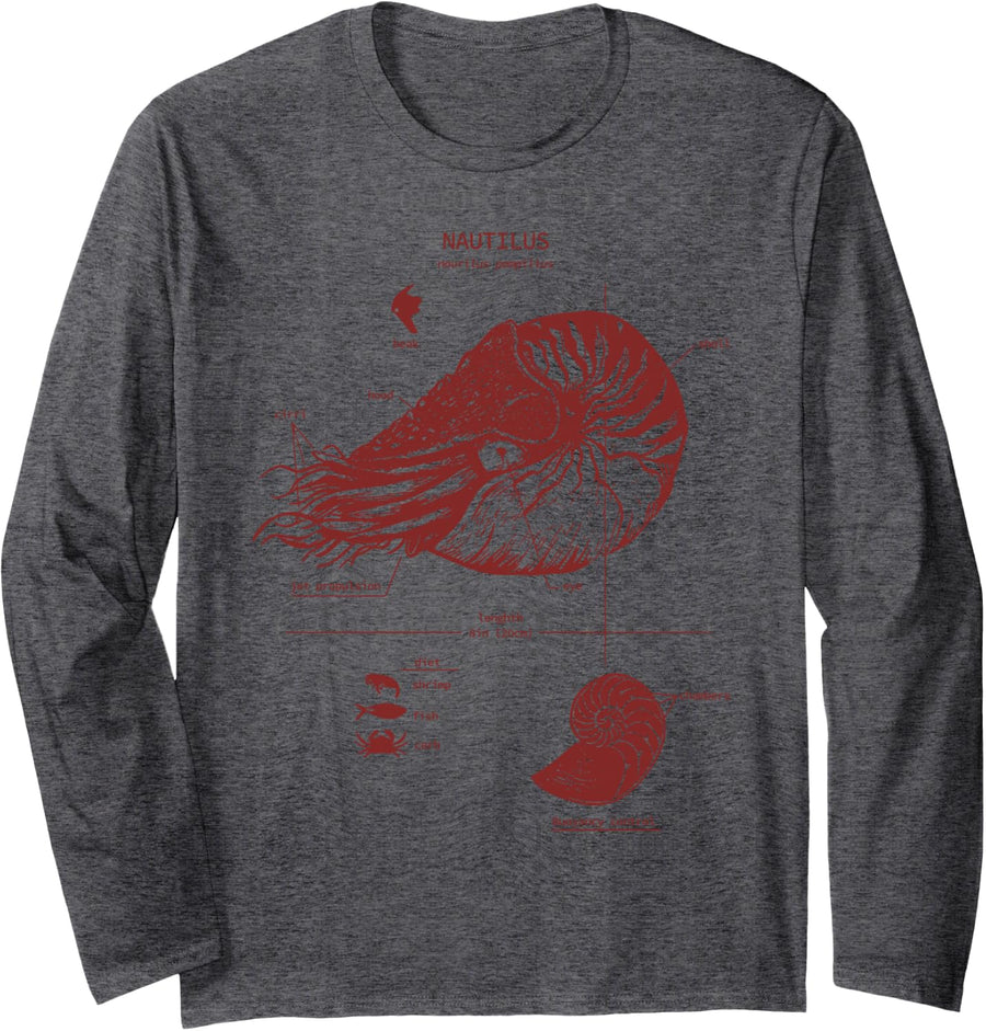 Nautilus Anatomy Graphic Geology Biology Science Teacher Long Sleeve T-Shirt - Adult Unisex Dark Heather Grey