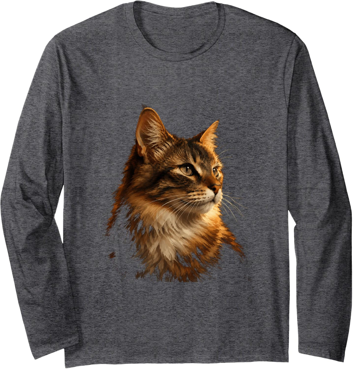 Tabby Cat Portrait Long Sleeve T-Shirt - Adult Unisex Dark Heather Grey