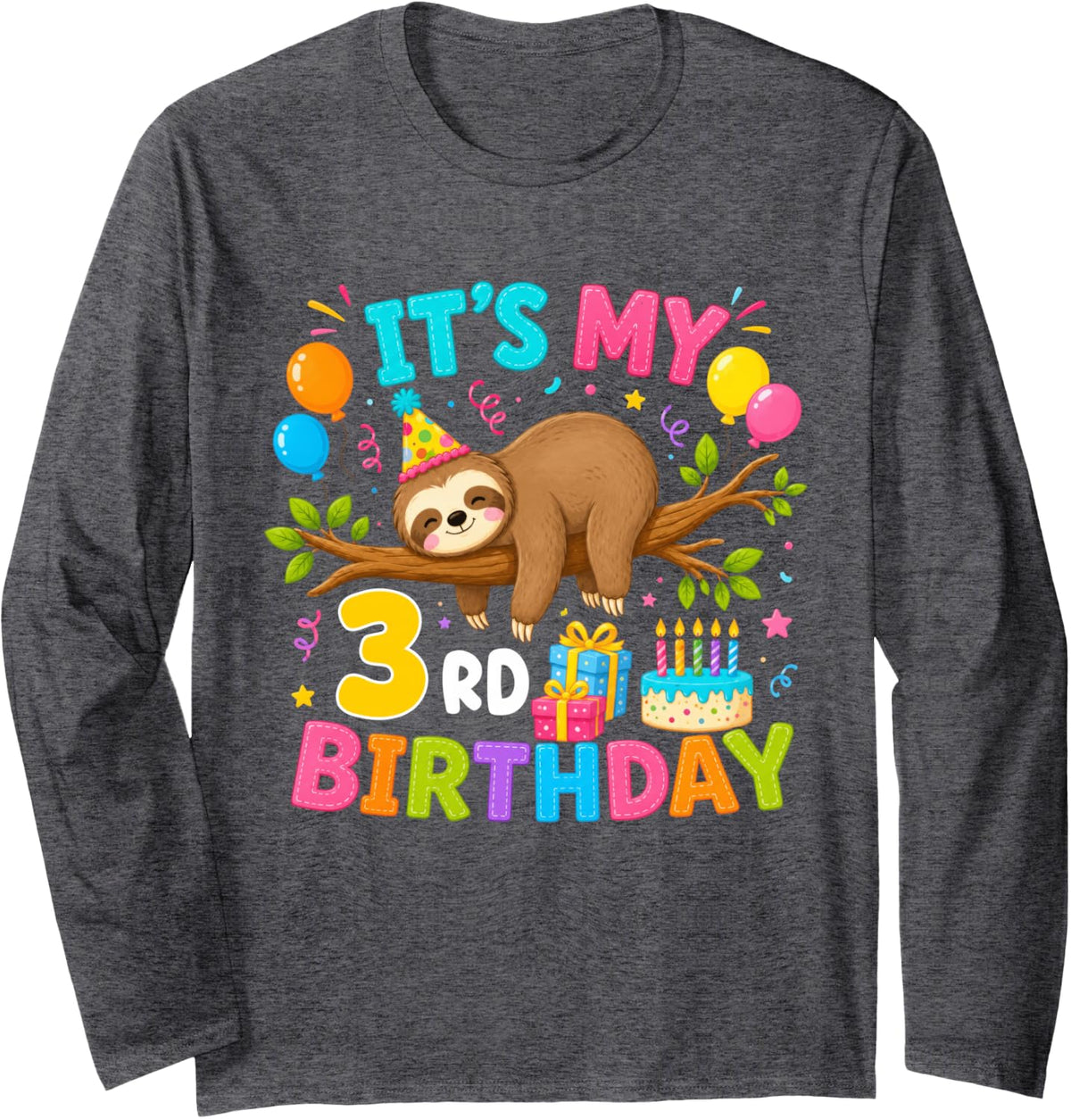 3rd Birthday Animals Theme Party 3 Year Old Sloth Lover Long Sleeve T-Shirt - Adult Unisex Dark Heather Grey