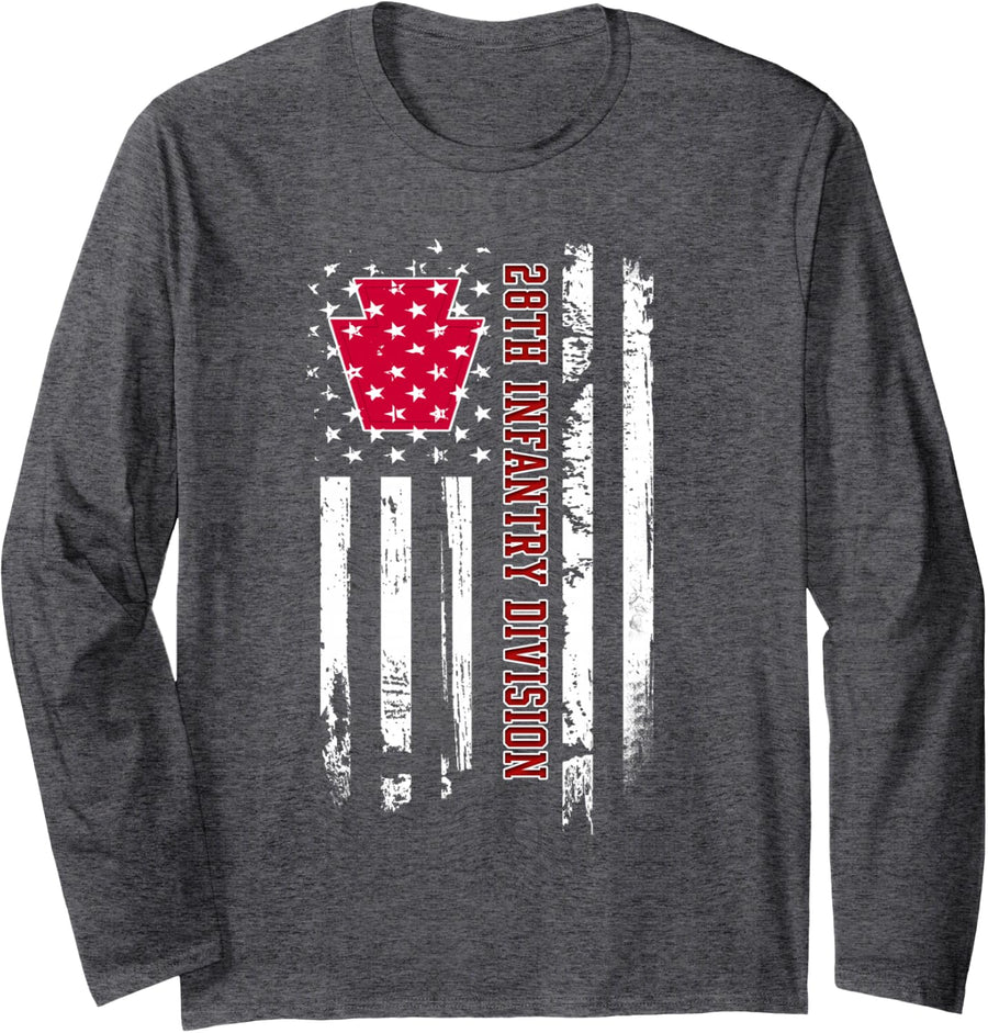28th Infantry Division Veteran USA Flag Veterans Day Xmas Long Sleeve T-Shirt - Adult Unisex Dark Heather Grey