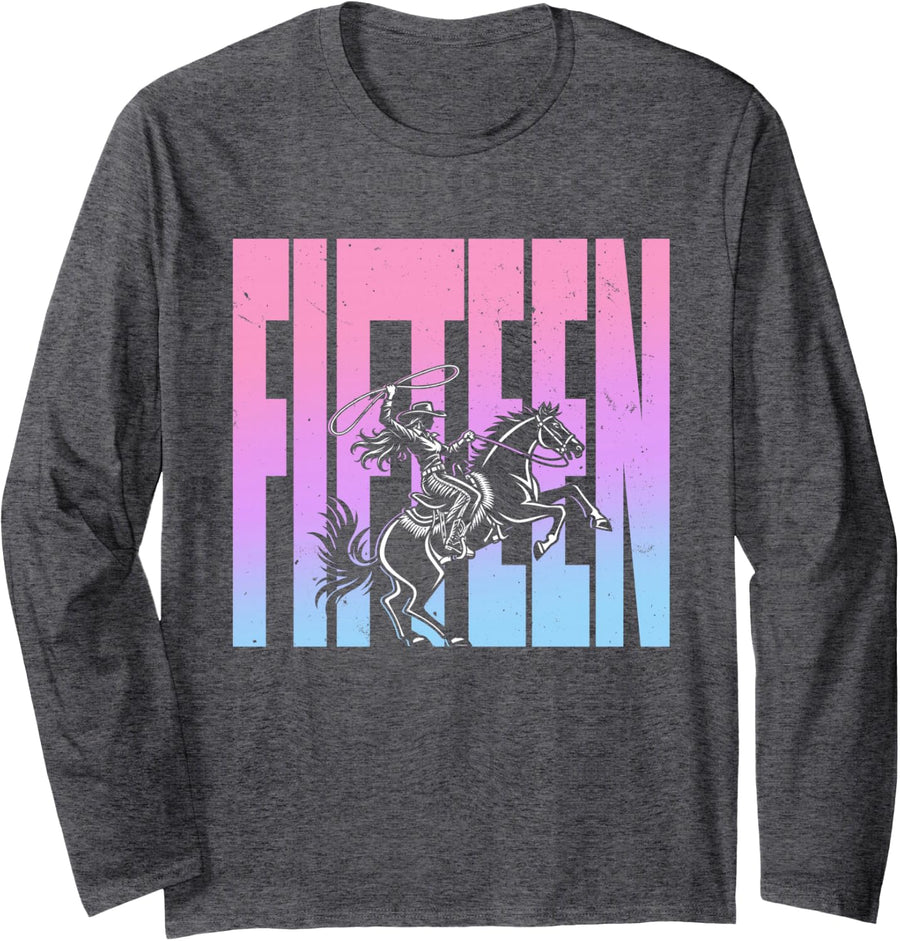 15th Birthday Rodeo Western Cowgirl Riding Horse Party Long Sleeve T-Shirt - Adult Unisex Dark Heather Grey