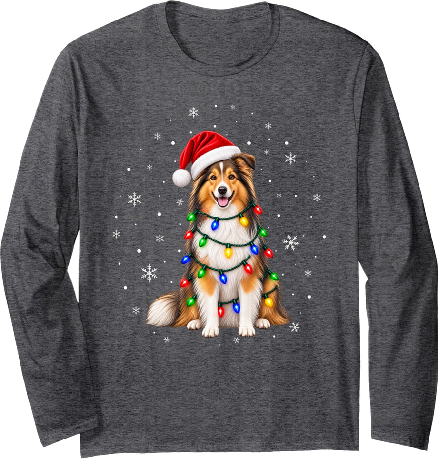 Shetland Sheepdog Christmas Tree Lights Pajama Santa Dog Long Sleeve T-Shirt - Adult Unisex Dark Heather Grey