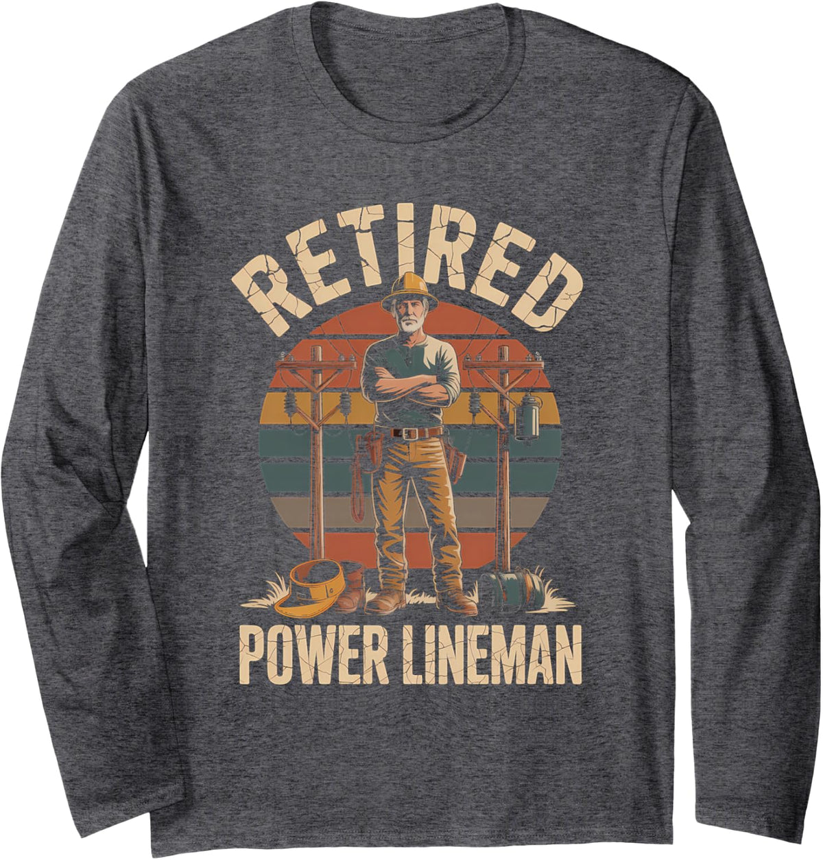 Powered Power Lineman Utility Pole Worker Long Sleeve T-Shirt - Adult Unisex Dark Heather Grey
