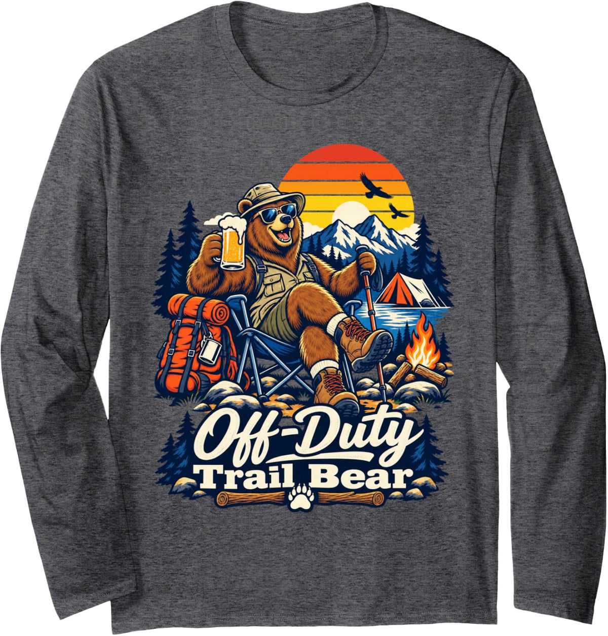 Off Duty Trail Bear Funny Hiking Outdoor Adventure Camper Long Sleeve T-Shirt - Adult Unisex Dark Heather Grey
