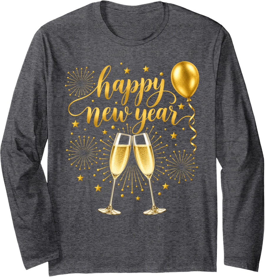 Happy New Year Champagne Toast New Years Eve Party Long Sleeve T-Shirt - Adult Unisex Dark Heather Grey