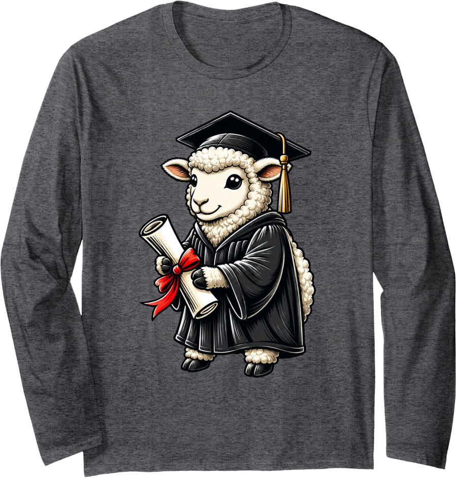Cute Sheep Graduation Long Sleeve T-Shirt - Adult Unisex Dark Heather Grey