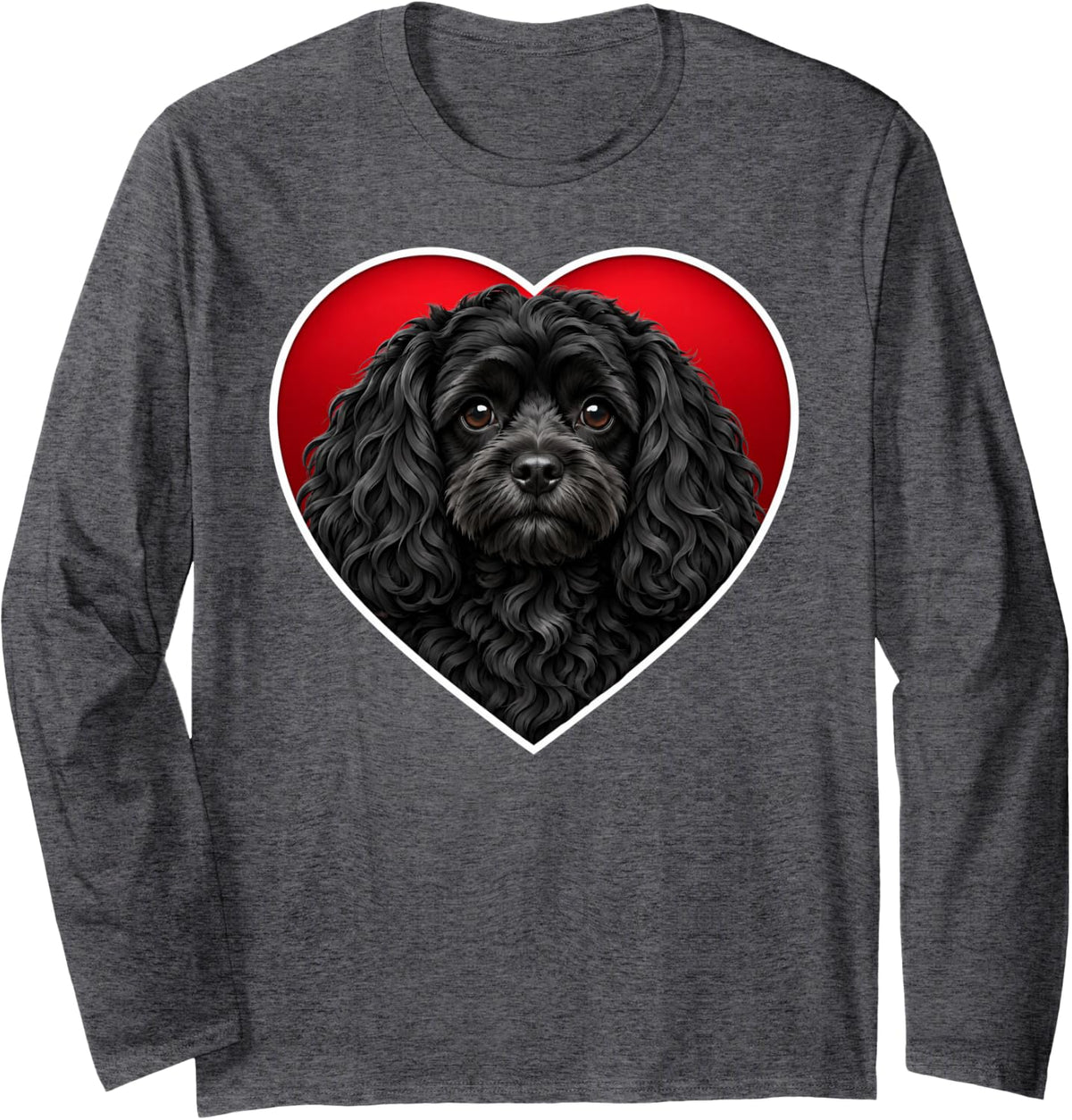 Black Cavapoo Heart Long Sleeve T-Shirt - Adult Unisex Dark Heather Grey