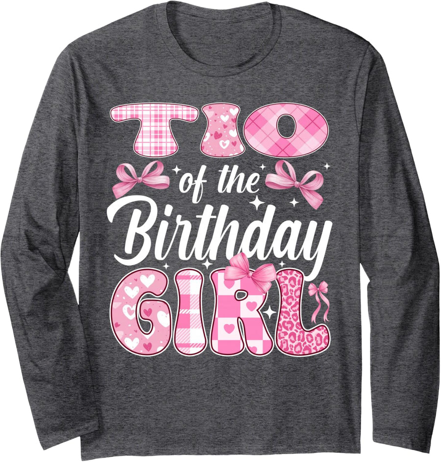 TIO of The Birthday Girl Family Pink Coquette Bow Long Sleeve T-Shirt - Adult Unisex Dark Heather Grey