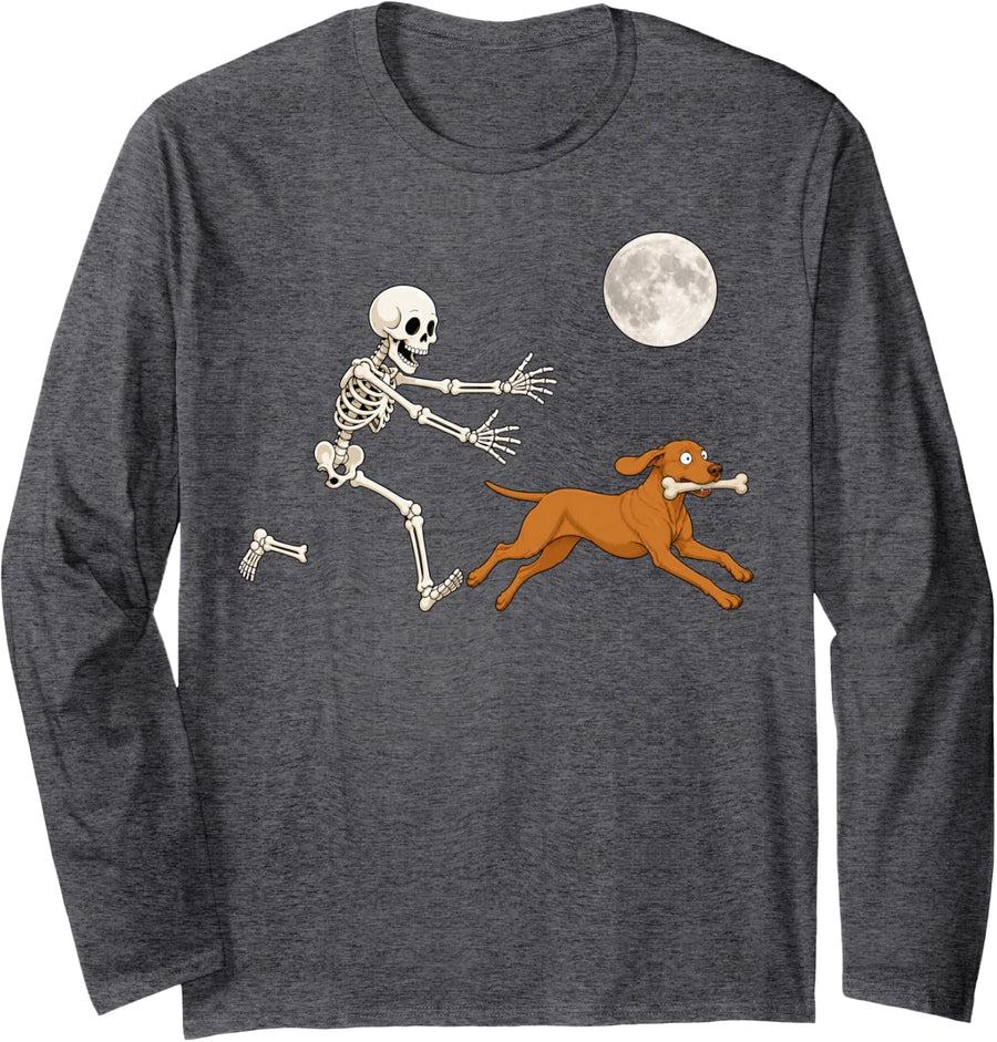 Vizsla Running Skeleton Retro Halloween Dog Long Sleeve T-Shirt - Adult Unisex Dark Heather Grey