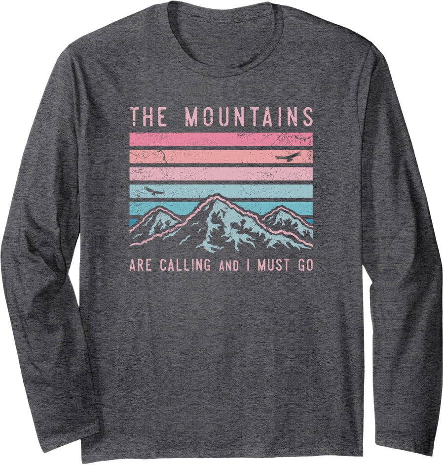 Mountains are Calling & I Must Go Retro Vintage 80s Mountain Long Sleeve T-Shirt - Adult Unisex Dark Heather Grey