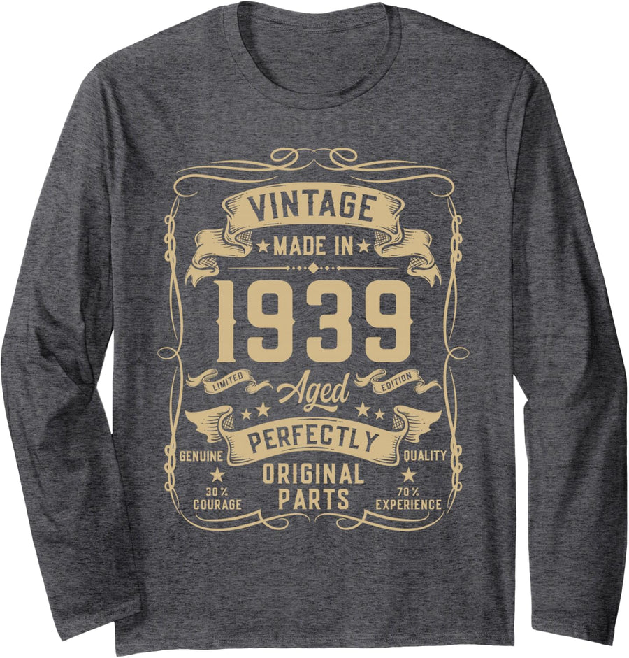 Vintage 1939 87yr 87th Birthday Gifts for Men 87 Years Old Long Sleeve T-Shirt - Adult Unisex Dark Heather Grey