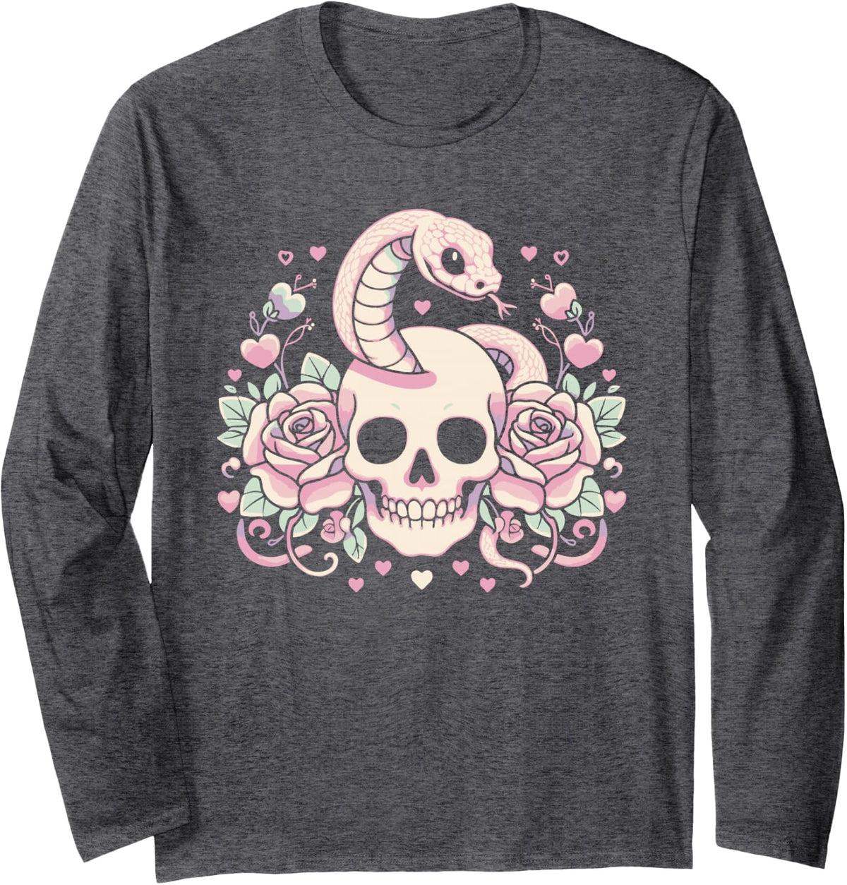 Pastel Goth Skull and Snake Emo Punk Gothic Long Sleeve T-Shirt - Adult Unisex Dark Heather Grey
