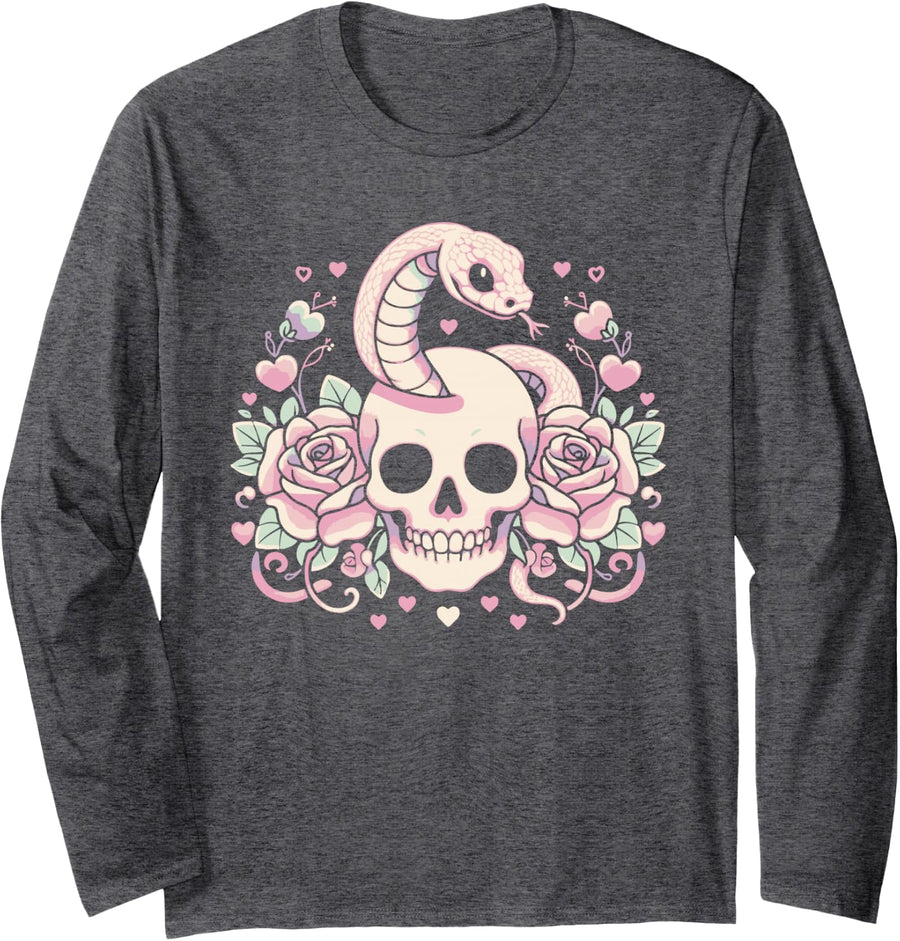 Pastel Goth Skull and Snake Emo Punk Gothic Long Sleeve T-Shirt - Adult Unisex Dark Heather Grey