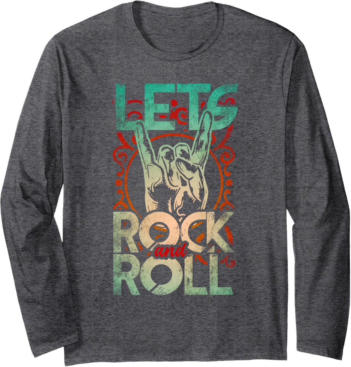 Lets Rock & Roll Devil Horn Vintage Rock Music Rock and Roll Long Sleeve T-Shirt - Adult Unisex Dark Heather Grey
