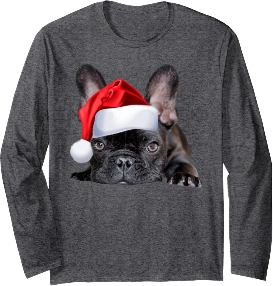 Cute French Bulldog Santa Hat Frenchie Image Christmas Cool Long Sleeve T-Shirt - Adult Unisex Dark Heather Grey