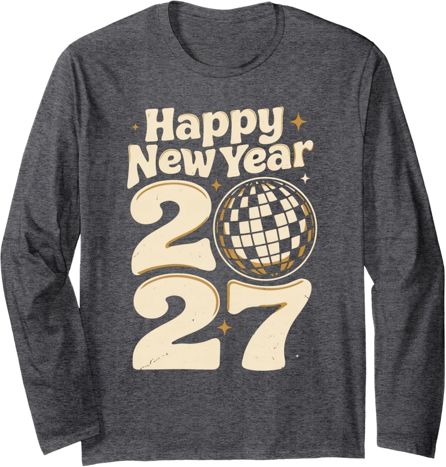 Happy New Year 2027 Retro New Years Eve Party Long Sleeve T-Shirt - Adult Unisex Dark Heather Grey