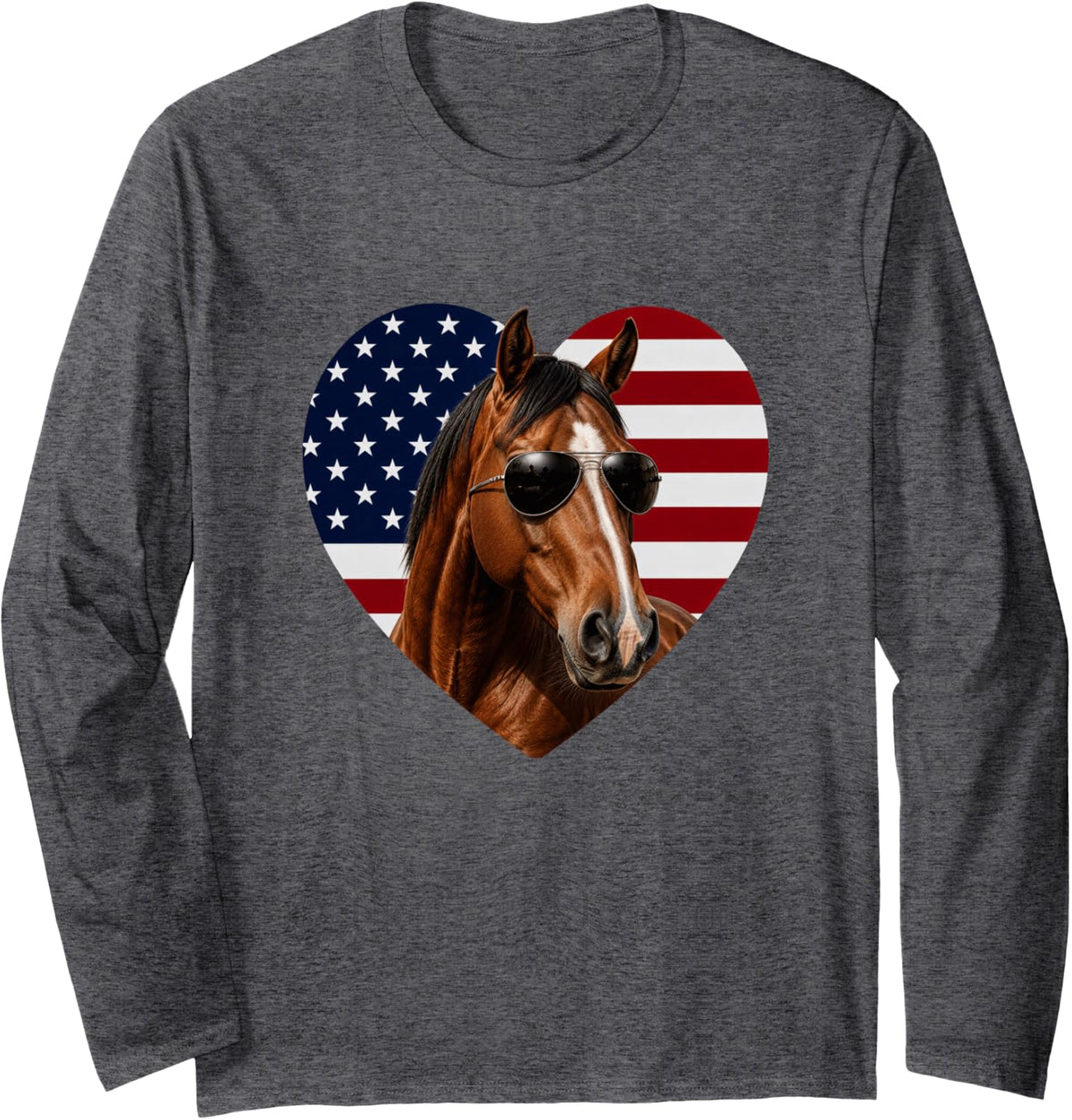 Chestnut Horse USA Flag Heart Patriotic Horse Long Sleeve T-Shirt - Adult Unisex Dark Heather Grey