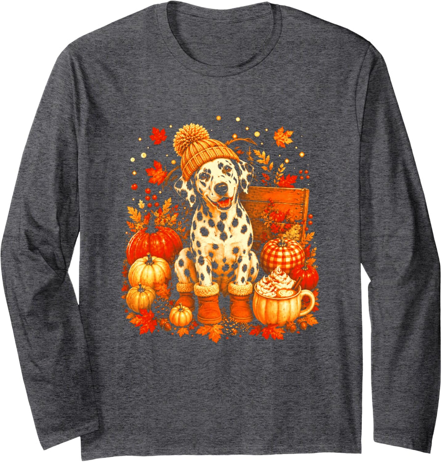 Dalmatian Thanksgiving Pumpkin Spice Fall Autumn Long Sleeve T-Shirt - Adult Unisex Dark Heather Grey