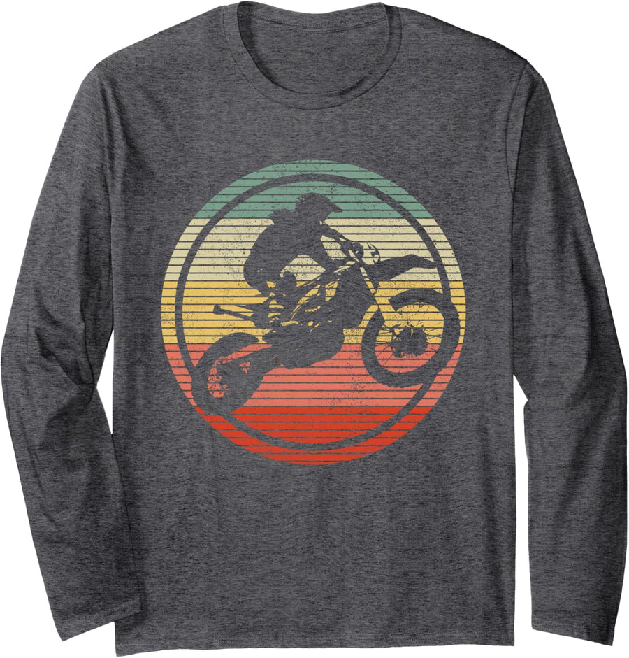 Vintage Motocross Dirt Bike Enduro Biker Long Sleeve T-Shirt - Adult Unisex Dark Heather Grey