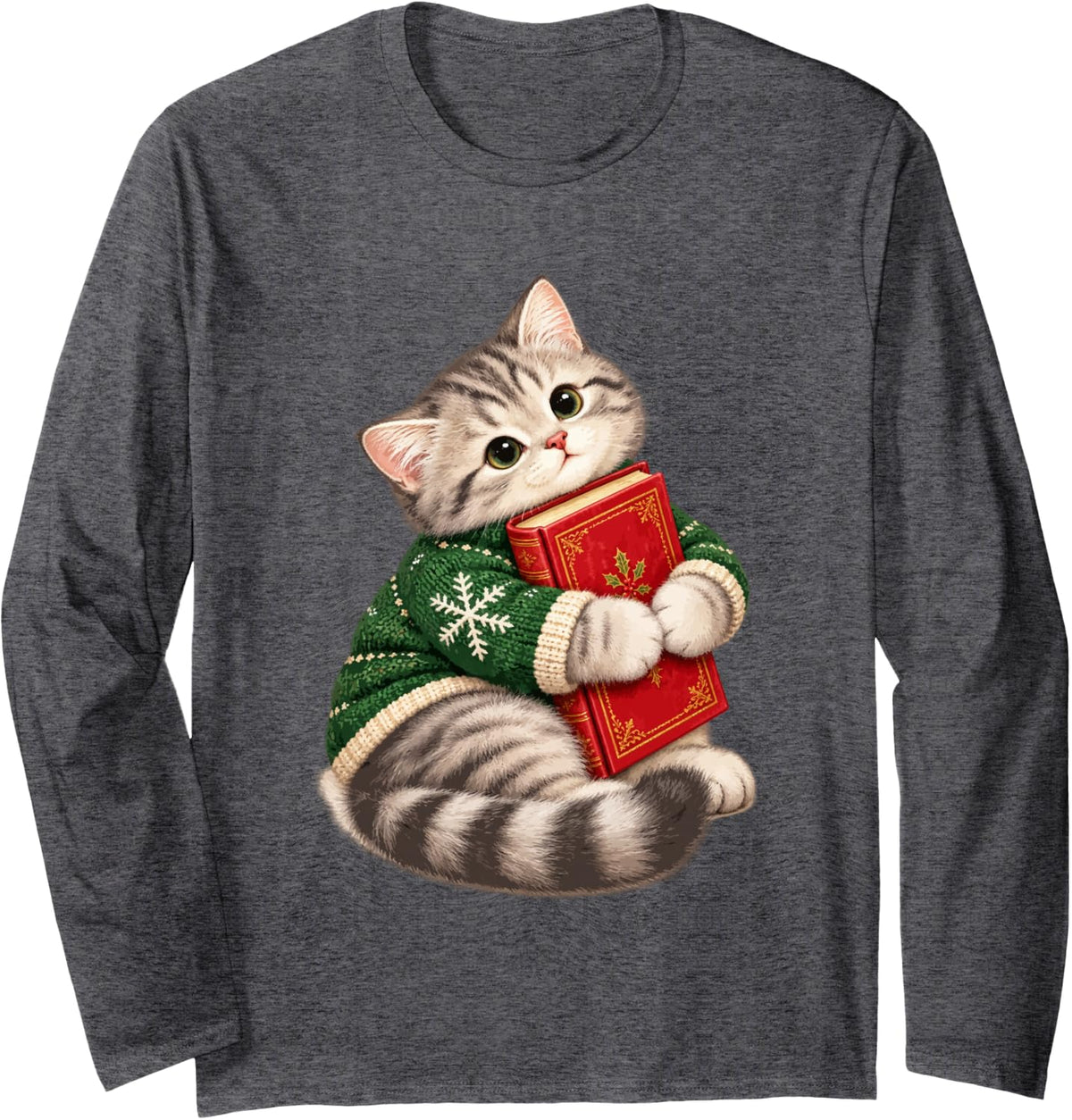Cute Tabby Cat Hugging Christmas Book Bookworm Kitten Art Long Sleeve T-Shirt - Adult Unisex Dark Heather Grey