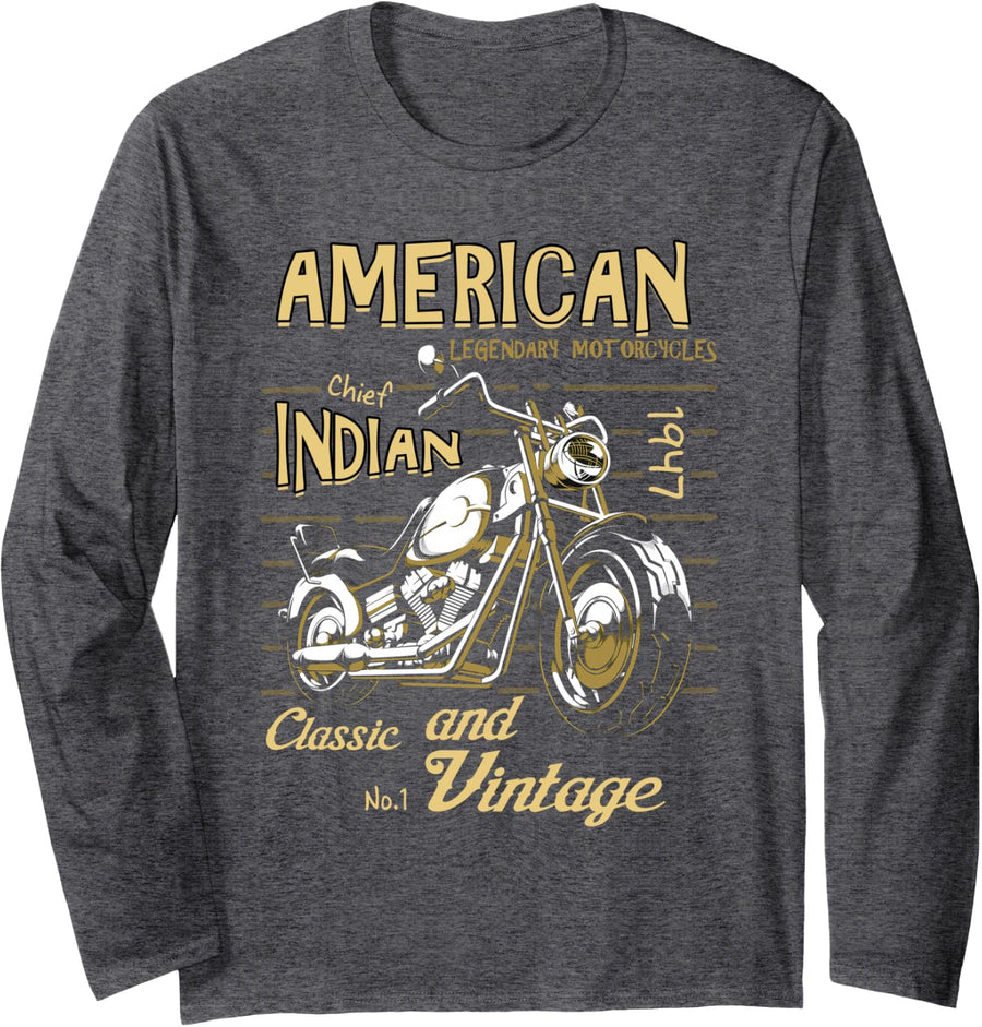 Retro Vintage American Motorcycle Indian for Old Biker Gifts Long Sleeve T-Shirt - Adult Unisex Dark Heather Grey