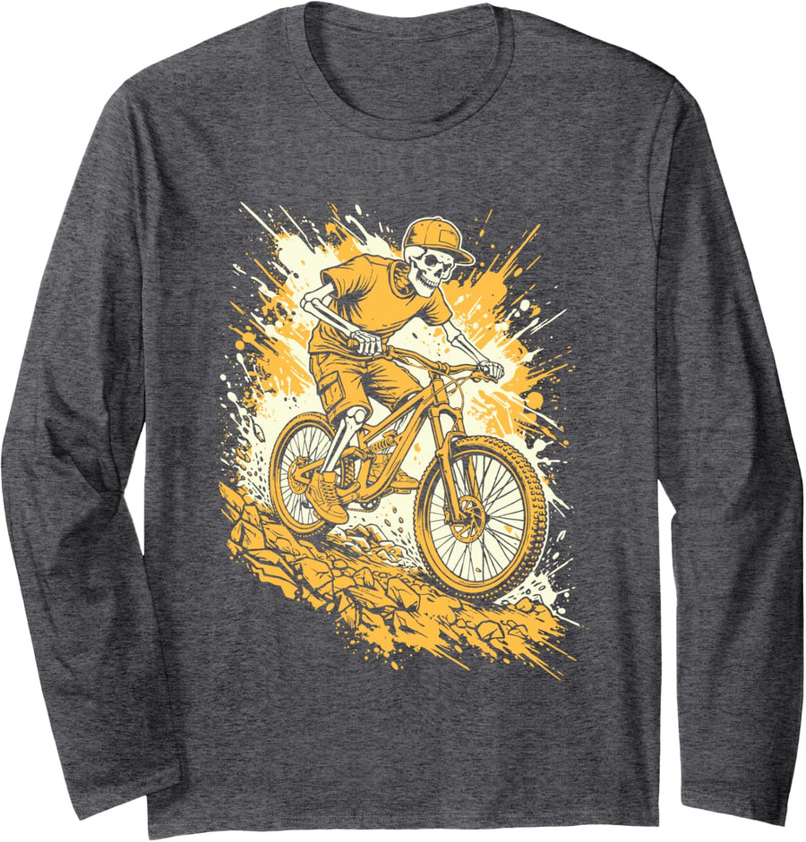 Mountain Bike MTB Riding Cyclist Funny Skeleton Long Sleeve T-Shirt - Adult Unisex Dark Heather Grey