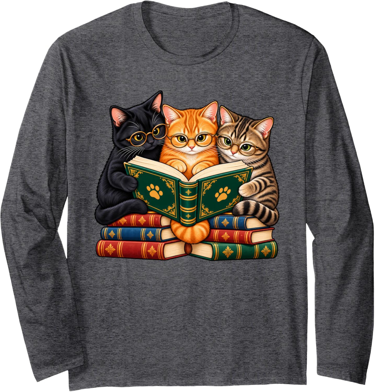 Cute Cats Reading Book Long Sleeve T-Shirt - Adult Unisex Dark Heather Grey