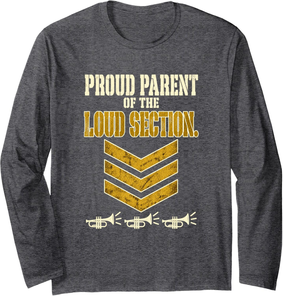 Marching Band Mom Dad Trumpet Parent Brass Section Booster Long Sleeve T-Shirt - Adult Unisex Dark Heather Grey