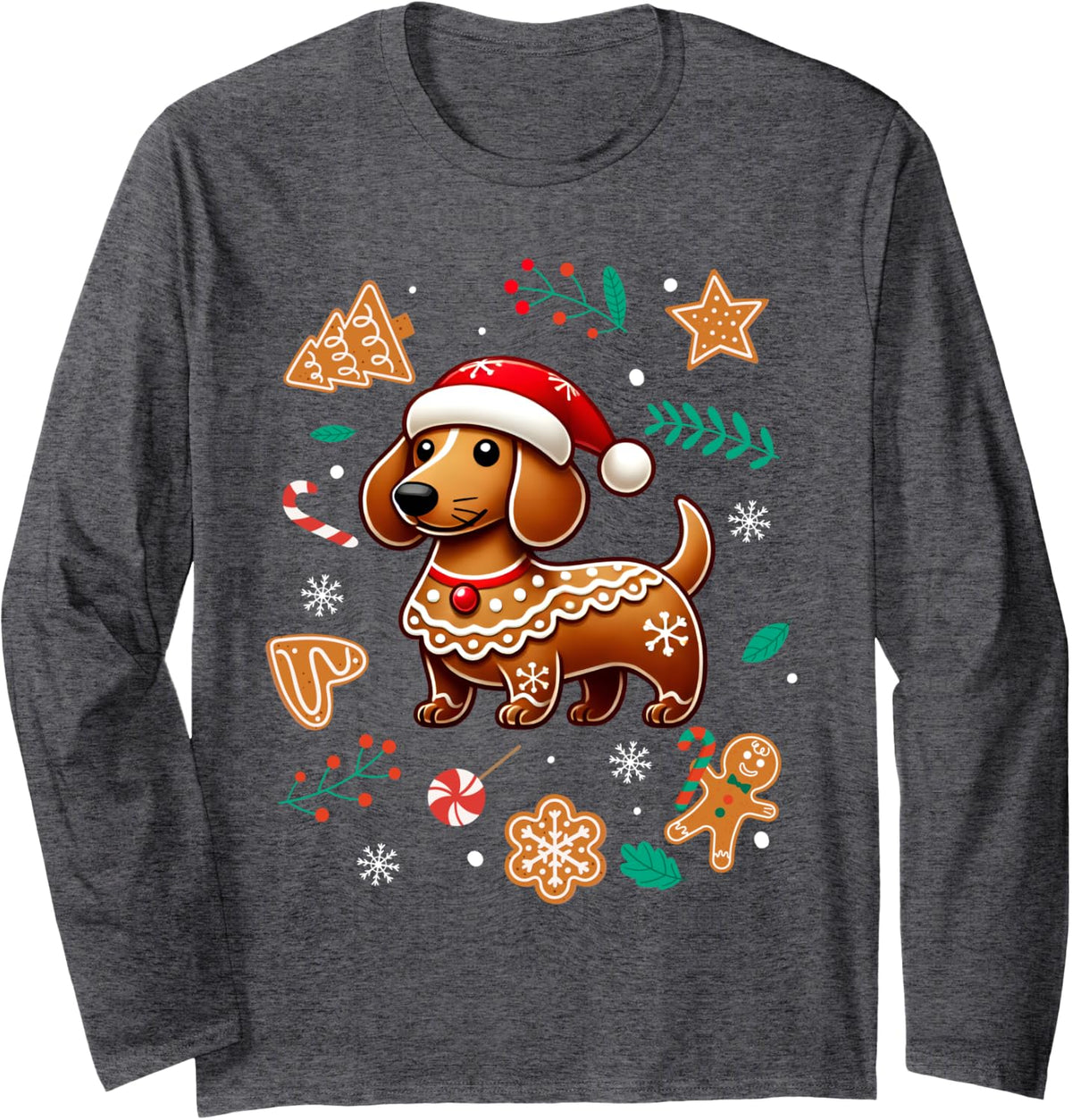 Gingerbread Weiner Dog Lover Dachshund Christmas Cookie Long Sleeve T-Shirt - Adult Unisex Dark Heather Grey