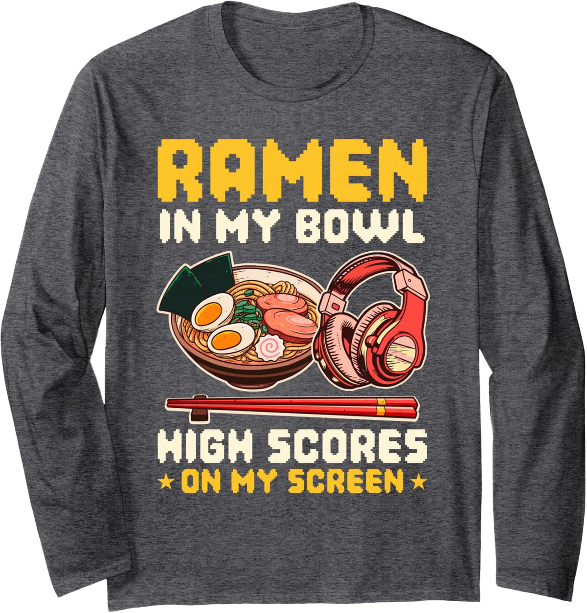 Videogames Eating Ramen Gamer Anime Long Sleeve T-Shirt - Adult Unisex Dark Heather Grey