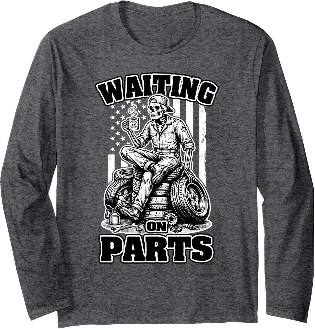 Waiting on Parts | Funny Auto Mechanic Car Guy Long Sleeve T-Shirt - Adult Unisex Dark Heather Grey
