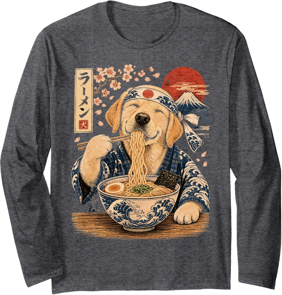 Labrador Dog Eating Ramen Japanese Labrador Long Sleeve T-Shirt - Adult Unisex Dark Heather Grey